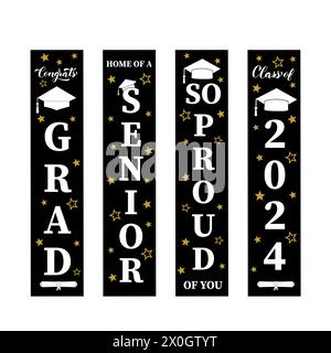 Graduation vertical signs. Graduates class of 2024.  Grad party decorations.  Vector template Stock Vector