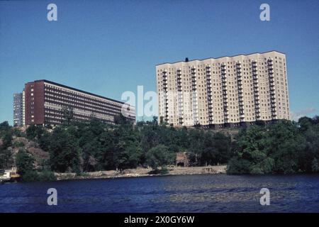 Residential buildings at the Västerbron Bridge in Stockholm. [automated translation] Stock Photo