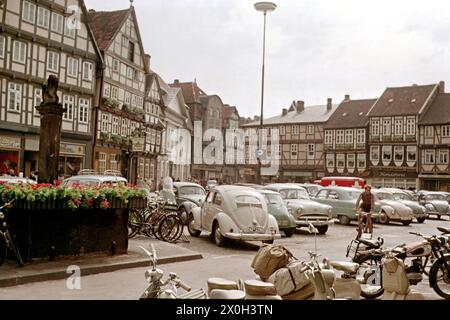 Parked cars in the marketplace of Celle. Stock Photo
