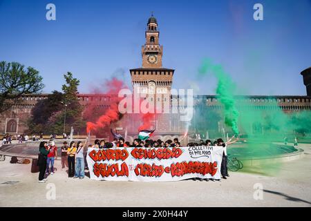 Milan, Italy. 12th Apr, 2024. Milan, The flash mob of students in Piazza Castello against genocide, school of merit and repression. In the photo: A moment of the event Credit: Independent Photo Agency/Alamy Live News Stock Photo