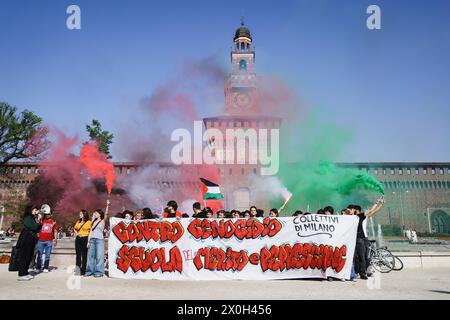 Milan, Italy. 12th Apr, 2024. Milan, The flash mob of students in Piazza Castello against genocide, school of merit and repression. In the photo: A moment of the event Credit: Independent Photo Agency/Alamy Live News Stock Photo