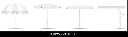 Beach umbrella tent collection. Cafe sunshade, store canopy, one striped and three pure white roofs. 3D realistic vector illustration isolated on whit Stock Vector