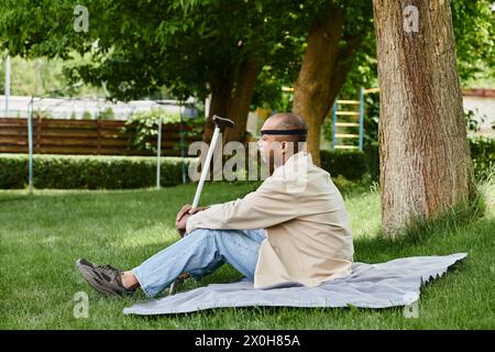 A disabled African American man with myasthenia gravis syndrome sits on a blanket in the grass, embracing diversity and inclusion. Stock Photo