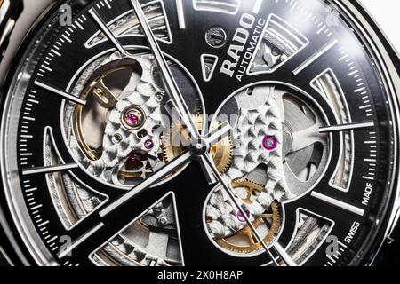 Lengnau, Switzerland - November 11, 2021: Rado True Open Heart Automatic R27510152, close up photo of luxury Swiss made mechanical wrist watch with bl Stock Photo