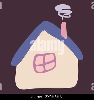 Small Colorful crooked house in Flat style with Smoke from Chimney, Roof and Window. Cartoon Children drawing Vector Isolated illustration. Design art Stock Vector