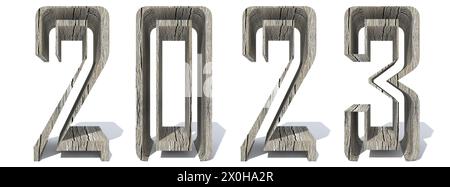 Concept or conceptual 2023 year made of  wood or wooden  font isolated on white background. An abstract 3D illustration as a  metaphor for future, vis Stock Photo