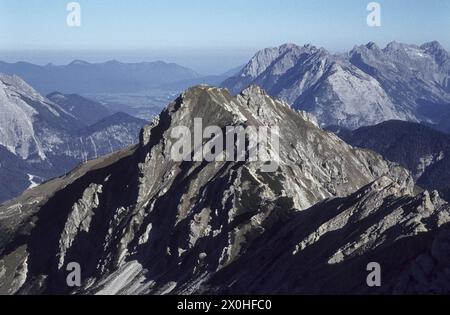 Panoramic view from the Reither Spitze. View of the Seefelder Spitze and the western Karwendel ridge. [automated translation] Stock Photo