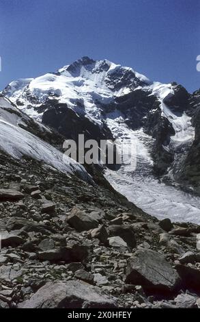 View of the Morteratsch Glacier and Piz Bernina with the Biancograt from Isla Pers [automated translation] Stock Photo