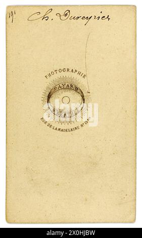 Reverse of original 1860's French albumen Carte de Visite (visiting card or CDV) studio of Bayard & Bertell, Rue de la Madeleine, Paris   (active  at this studio from 1861-1866) Stock Photo