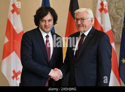 Berlin, Germany. 12th Apr, 2024. Federal President Frank-Walter Steinmeier (r) meets Georgia's Prime Minister Irakli Kobakhidze. Credit: Britta Pedersen/dpa/Alamy Live News Stock Photo