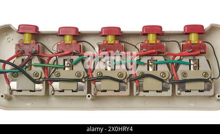 connection of multi socket extension board, wiring an electrical outlet, power supply or voltage distribution in parallel isolated white background Stock Photo