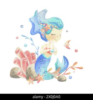 Mermaid is a little girl with long hair and a tail. Watercolor illustration hand drawn with pastel colors turquoise, blue, mint, coral. Composition Stock Photo