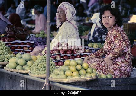 Two women sit on a wooden platform in Malaysia and sell fruit in flat baskets, including apples, grapes, jackfruit and durian fruit. The woman sitting in the foreground is wearing a red flowered dress and golden earrings. The older woman in the background wears a white-red patterned headscarf or turban and a white dotted dress. [automated translation] Stock Photo