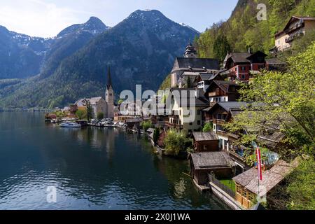 Hallstatt, Upper Austria, Austria. 12th Apr, 2024. Famous Austrian City of Hallstatt during the spring time. Hallstatt is a village on Lake Hallstatt's western shore in Austria's mountainous Salzkammergut region. Its 16th-century Alpine houses and alleyways are home to cafes and shops. The city is especially popular with Chinese tourists; so popular in fact, that China built a replica of the city, which opened in 2012. (Credit Image: © Andreas Stroh/ZUMA Press Wire/Alamy Live News) EDITORIAL USAGE ONLY! Not for Commercial USAGE! Stock Photo