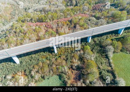 aerial photograph of a viaduct of the high speed railway in Galicia, Spain. Shot with a drone Stock Photo
