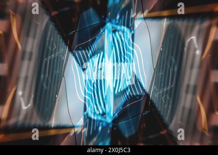 symmetry and geometry neon pattern, fractal and reflection virtual reality, abstract perspective with tech lines and glowing light Stock Photo