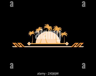 Art deco palm trees in line art style in gold color. Tropical palm trees against the background of the sun with space for text. Golden silhouettes of Stock Vector