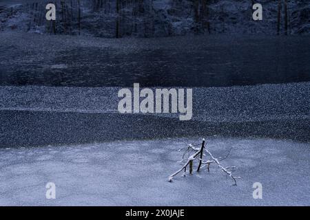 Ice formation on a lake, patterns and structures in the ice, frozen branch, Germany Stock Photo