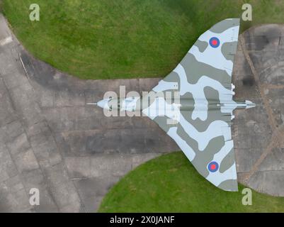 RAF Vulcan cold war bomber top down aerial view of the cold war bomber on an airfield dispersal. Stock Photo