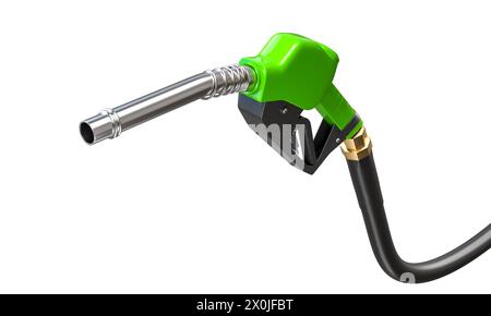 3d rendering of a green fuel pump nozzle with a metallic spout on a white background Stock Photo