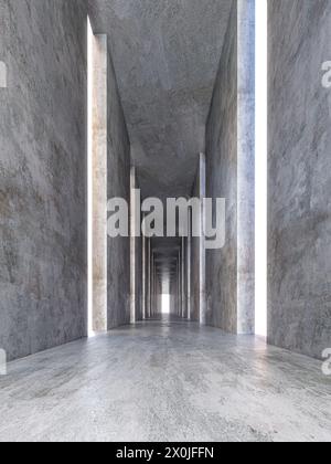 Long corridor with concrete walls illuminated by natural light . 3d render Stock Photo