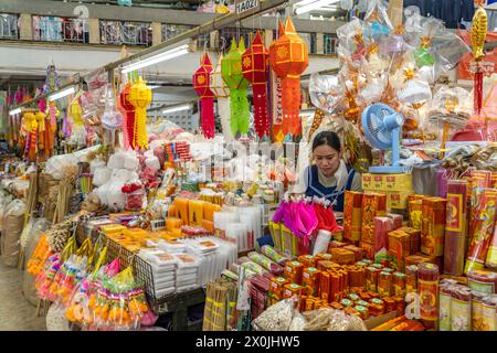 Stall with incense sticks and candles at the Ton Lam Yai market in Chiang Mai, Thailand, Asia Stock Photo