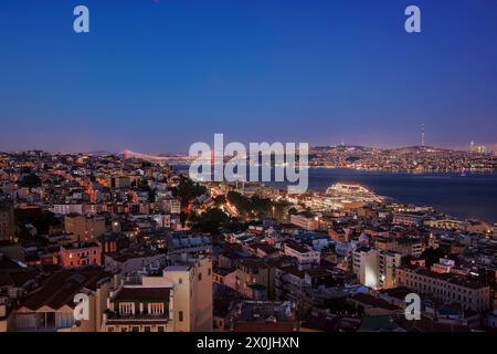 the sunset in Istanbul seen from the Galata Tower with the spectacle of the Red Bridge in the distance that unites the two continents Stock Photo