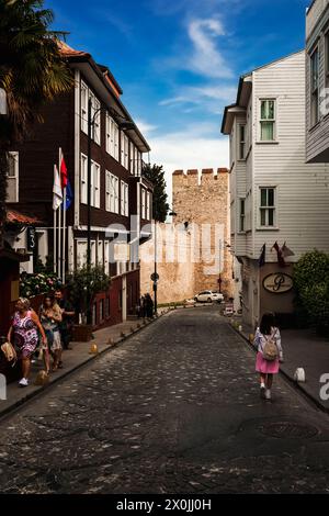 a side street in Istanbul, with typical wooden houses, which supports the boundary wall of the Topkapi Palace visible at the end of the street Stock Photo