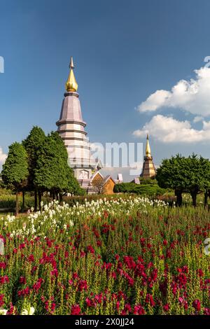 Chedis of the royal pagodas Phra Maha Dathu Nabha Metaneedol and Nabhapol Bhumisiri in Doi Inthanon National Park near Chom Thong, Chiang Mai, Thailand, Asia Stock Photo