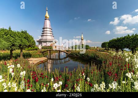 Chedis of the royal pagodas Phra Maha Dathu Nabha Metaneedol and Nabhapol Bhumisiri in Doi Inthanon National Park near Chom Thong, Chiang Mai, Thailand, Asia Stock Photo