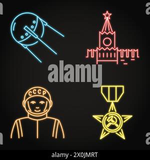 USSR symbols neon icon set. First cosmonaut and artificial satellite, star medal and Kremlin tower. Vector illustration. Stock Vector