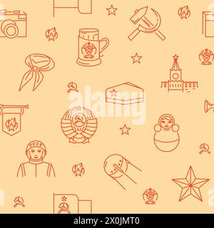 Seamless pattern with Soviet symbols. USSR emblem, hammer and sickle, flag and star. Vector illustration. Stock Vector