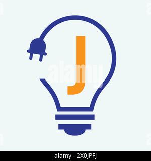 Bulb Logo On Letter J Concept For Electrical Symbol. Electricity Sign Stock Vector