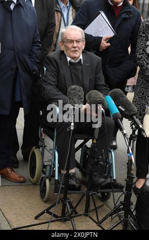 Kingsmill Massacre survivor Alan Black speaks to the media outside Laganside Courts, Belfast, following the conclusion of the inquest for the victims of the Kingsmill massacre, in which 10 Protestant textile workers were shot dead when their minibus was ambushed outside the village of Kingsmill on their way home from work on January 5 1976. Picture date: Friday April 12, 2024. Stock Photo