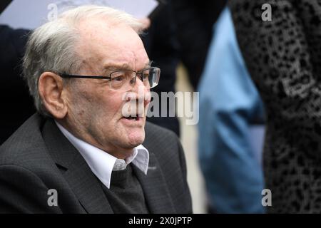 Kingsmill Massacre survivor Alan Black speaks to the media outside Laganside Courts, Belfast, following the conclusion of the inquest for the victims of the Kingsmill massacre, in which 10 Protestant textile workers were shot dead when their minibus was ambushed outside the village of Kingsmill on their way home from work on January 5 1976. Picture date: Friday April 12, 2024. Stock Photo