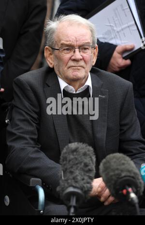 Kingsmill Massacre survivor Alan Black speaks to the media outside Laganside Courts, Belfast, following the conclusion of the inquest for the victims of the Kingsmill massacre, in which 10 Protestant textile workers were shot dead when their minibus was ambushed outside the village of Kingsmill on their way home from work on January 5 1976. Picture date: Friday April 12, 2024. Stock Photo