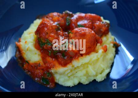 Turkey Meatballs in tomato sauce with mashed potatoes Stock Photo