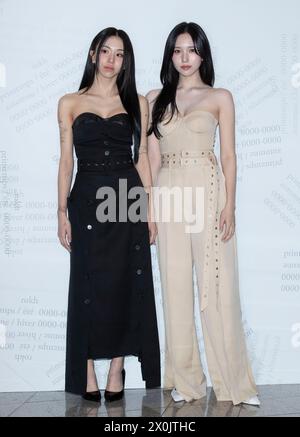 Seoul, South Korea. 12th Apr, 2024. (L to R) South Korean singer Chaeyoung and Japanese singer Mina, members of K-Pop girl group Twice, attends a photocall for the rokh and H&M collaboration event at DDP Art Hall in Seoul, South Korea on April 12, 2024. (Photo by: Lee Young-ho/Sipa USA) Credit: Sipa USA/Alamy Live News Stock Photo
