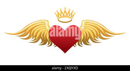 Cartoon Heart with Wings and Crown Emblem Isolated on White. Vector illustration. No AI was used. Stock Vector