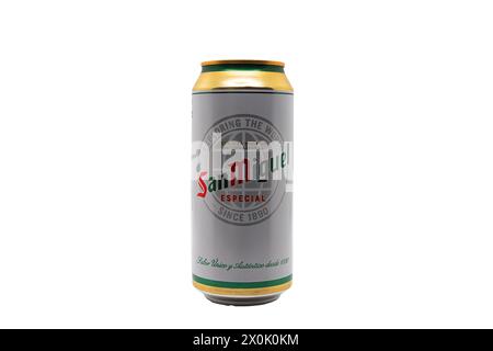 Wolverhampton, UK – April 12th 2024:  Can of San Miguel beer isolated on white and includes clipping mask for easy selection Stock Photo