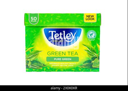 Wolverhampton, UK – April 12th 2024: Tetley Green Tea packaging isolated on white and includes clipping mask for easy selection Stock Photo