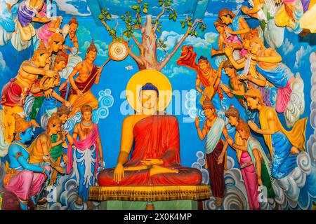 Balapitya Purana Viharay, Sri Lanka. 07. 02. 2023 Sri Pushparama temple interior. figures depicting entire history Buddha, starting from birth. Stock Photo