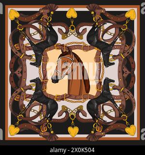 Design scarf with horse head and belts. Vector. Stock Vector