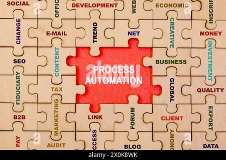 Interconnected puzzle pieces coming together to form the words 'Process Automation,' symbolizing increased efficiency Stock Photo