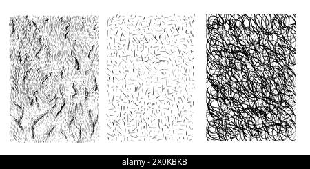 Set of crosshatch ink textures, haotic texture, round circle texture, fur texture. Stock Vector