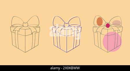 Three colorful gift boxes are displayed, each one featuring a decorative bow on top. The boxes are neatly arranged next to each other, creating a festive and joyful scene Stock Vector