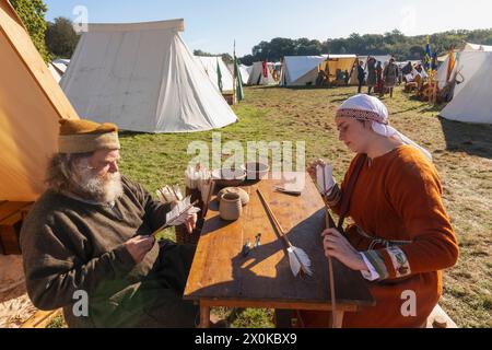 England, East Sussex, Battle, The Annual October Battle of Hastings Re-enactment Festival, Arrow Makers Stock Photo