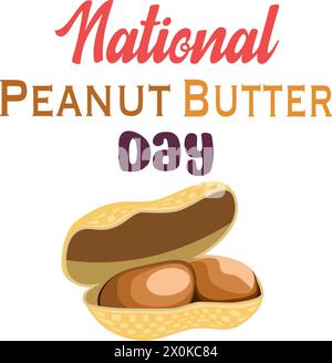 National peanut butter day card with peanut in flat technique. Vector illustration Stock Vector