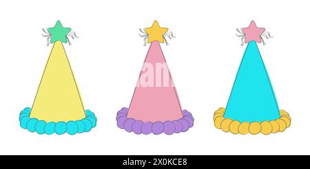 Three colorful party hats with star-shaped toppers. The hats are ready for a festive celebration and are decorated with vibrant colors Stock Vector