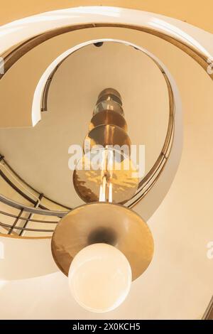 England, East Sussex, Bexhill-on-Sea, De la Warr Pavillion, Interior View of Art Deco Spiral Staircase Stock Photo